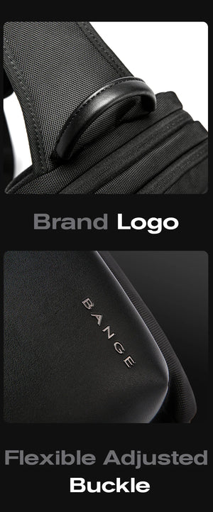 Textured fabric crossbody bag detail with brand logo patch and flexible buckle area