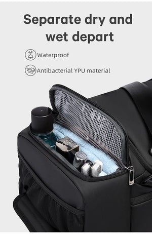 Black duffle bag with mesh wet/dry compartment holding bottles and toiletries