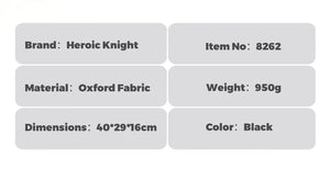 Black commuter backpack product information and specifications card