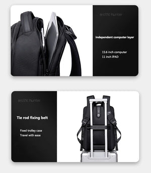 Black travel backpack with padded laptop sleeve and trolley-carry design