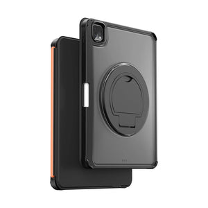 Black tablet case with circular kickstand, camera cutout, and orange edge detail