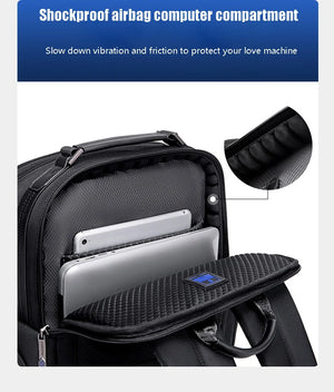 Black backpack with padded laptop compartment protected by a zip-closure interior pocket.