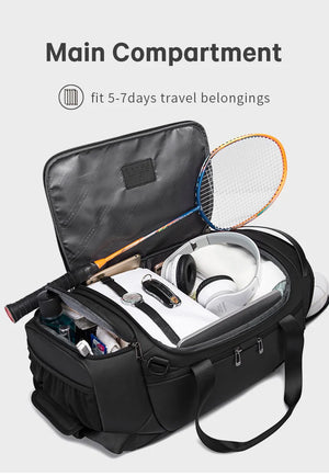 Black duffle bag open with main compartment and accessory organizers