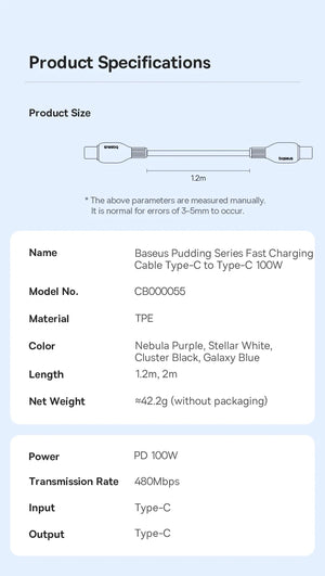 BASEUS Pudding Series 100W USB-C to USB-C Fast Charging Cable