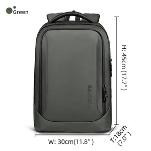 Green waterproof travel backpack with front pocket and top carry handle