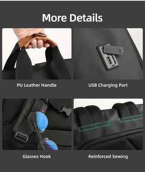 Black roll-top travel backpack with leather carry handle, glasses hook, and reinforced seams