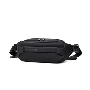 Black lightweight waterproof crossbody bag with front zip and adjustable shoulder strap.