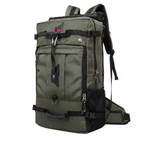 Olive green waterproof hiking backpack with front buckle straps and side mesh pocket