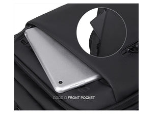 Black front pocket with tablet-sized opening and hook-and-loop strap