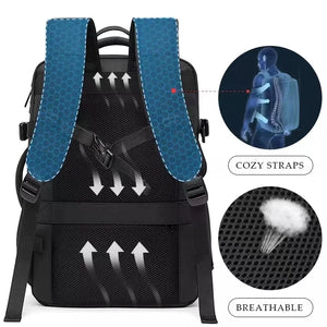 Black and blue honeycomb back-panel backpack with cushioned, breathable shoulder straps