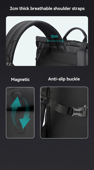 Dark grey backpack with thick breathable shoulder straps and anti-slip buckle