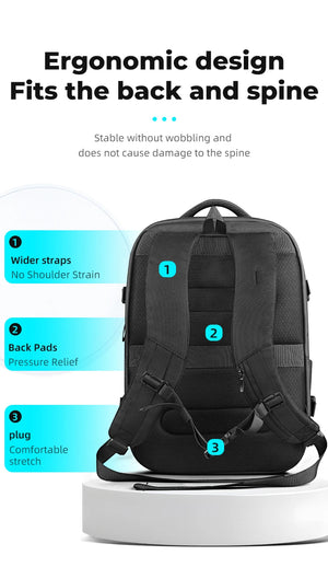 Black ergonomic travel backpack with padded shoulder straps and adjustable chest buckle