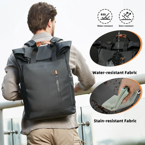 Black roll-top waterproof backpack with water- and stain-resistant fabric shown close-up detail.