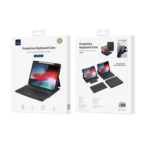 Protective keyboard case packaging showing tablet stand and detachable keyboard pieces
