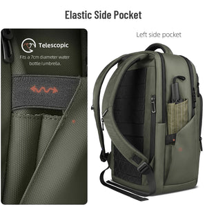 Green backpack with elastic side pocket and padded interior laptop sleeve