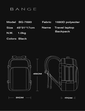 Black travel backpack technical diagram with front and back dimension outlines