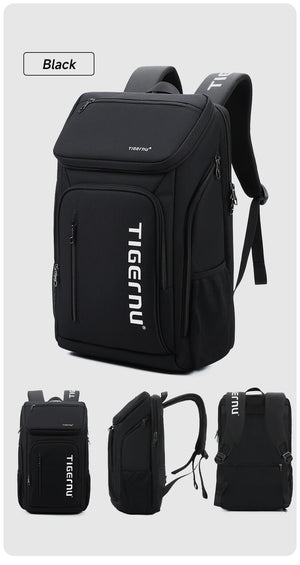 Black waterproof travel backpack with front organizer panel, side zips, and shoulder straps