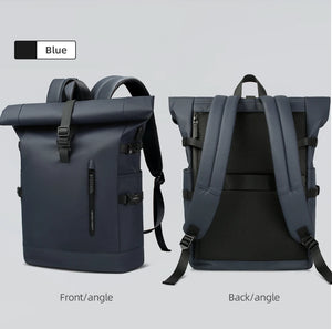 Blue roll-top waterproof travel backpack, front and back views with adjustable straps