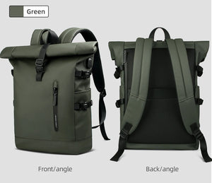 Green roll-top waterproof travel backpack with front pocket, buckles, and shoulder straps