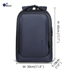 Blue waterproof travel backpack with front pocket and top carry handle