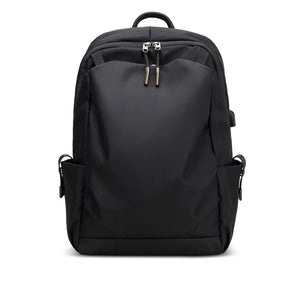 Black lightweight waterproof commuter backpack with top handle and front zip pocket