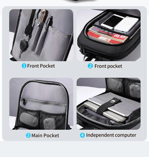 Travel backpack with front pocket, main compartment, and separate laptop storage