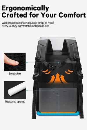 Black backpack back panel with padded breathable straps and reinforced support, close-up