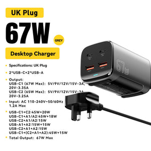 ESSAGER 67W GaN USB-C Desktop Charger with Quick Charge 3.0, PPS and PD3.1 - Black