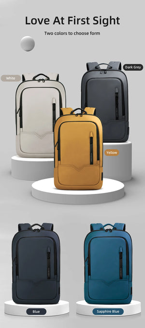 Set of compact waterproof backpacks in white, yellow, dark grey, and blue