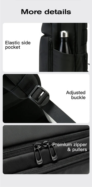 Travel backpack details: elastic side pocket, adjustable buckle, premium zippers