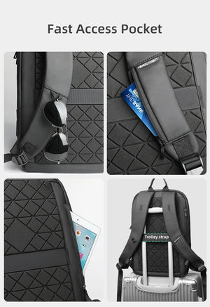 Black backpack with quick-access front pocket and padded shoulder straps
