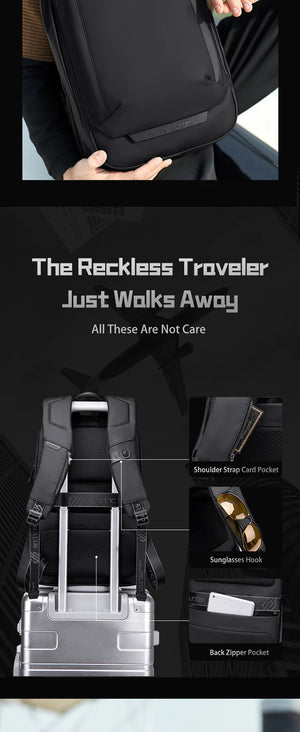 Black travel backpack with telescoping handle, sunglasses hook, and back zipper pocket
