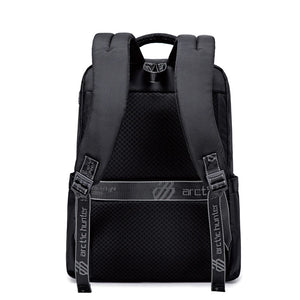Black backpack front panel with textured pocket and adjustable shoulder straps