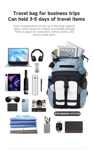 Blue travel backpack with front expandable pocket, shown with travel items layout.