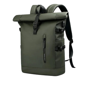 Green roll-top waterproof travel backpack with side buckles and padded shoulder straps