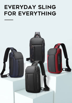 Compact waterproof crossbody sling bag on display with crossbody straps and front pockets