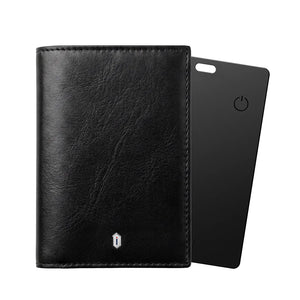 Black leather card holder wallet with stitched edges and metal logo.