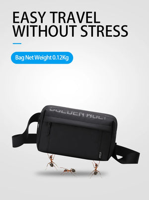 Black crossbody bag with padded front panel, dual webbed strap, and top zip