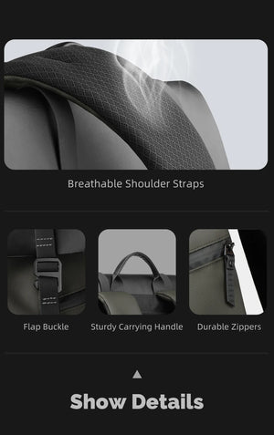 Waterproof travel backpack close-up of breathable shoulder straps, flap buckle, and zippers