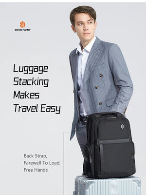 Black waterproof backpack worn on the back with adjustable shoulder straps and front organizer