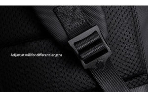 Black waterproof backpack adjustable strap and buckle close-up