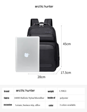 Black waterproof travel backpack with front compartments and zippered pockets