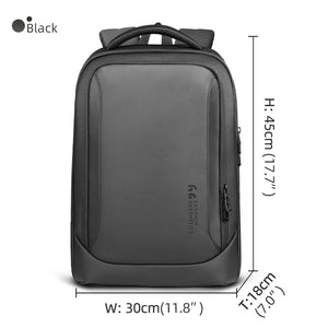Black waterproof travel backpack with front pocket and top carry handle
