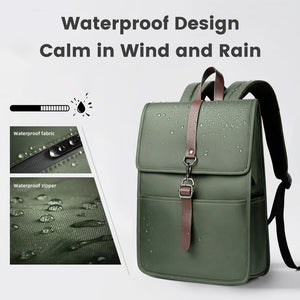 Green waterproof commuter backpack with flap and front pocket; water droplets on fabric