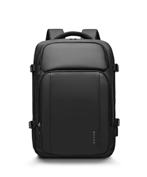Black travel backpack with padded top handle and front zip pockets