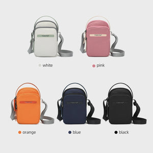 Compact crossbody bags color lineup: white, pink, orange, blue, and black