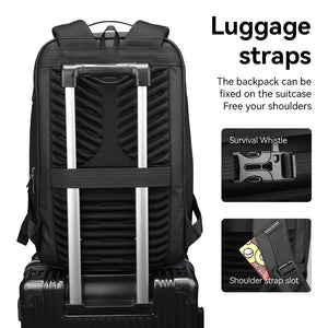 Black travel backpack with luggage strap system and padded back panel