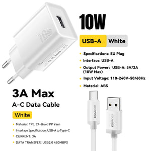 ESSAGER Mini 10W USB Charger Set with Fast Charge Adapter - White