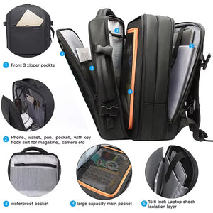 Black travel backpack with multiple compartments, front zipper pocket, and laptop shock layer