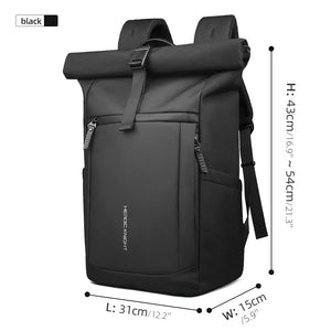 HEROIC KNIGHT black expandable roll-top waterproof travel backpack with adjustable shoulder straps